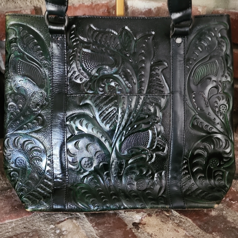 Patricia Nash Tooled Embossed Green Leather Tote Fringe Boho Bag - Picture 5 of 13